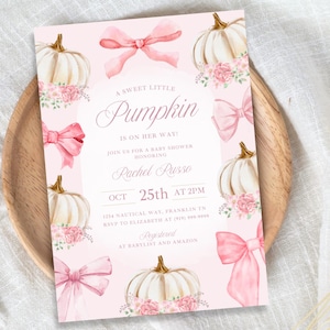 Editable Pink Pumpkin Baby Shower Invitation Template, Instant Download, Fall Bow Baby Girl Shower, Coquette Floral Pumpkin Digital Invite
