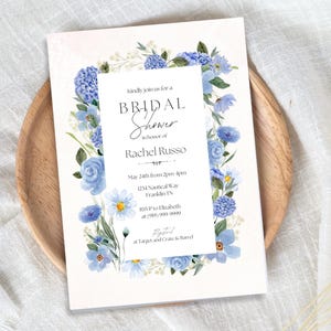 Elegant Floral Bridal Shower Invitation Template, Instant Download, Editable Blue Wildflower Wedding Shower, Something Blue Bridal Brunch
