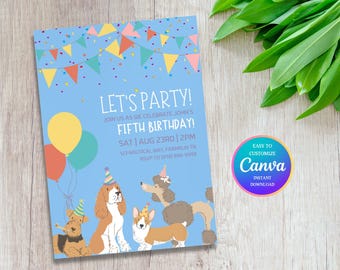 Bewerkbare uitnodiging voor een hondenverjaardag, verjaardag met hondenthema, uitnodiging voor een puppyfeestje, direct te downloaden, puppyfeestje voor kinderen