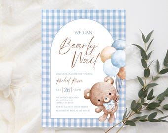 Blue Gingham Teddy Bear Baby Shower Invitation Template, We Can Bearly Wait, Classic Bear Baby Boy Blue Shower Invitation, Instant Download