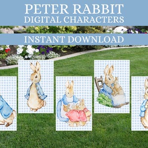 Op de afbeelding: Digitale kunst met Peter Konijn-personages. De afbeelding toont vijf panelen met aquarel illustraties van Peter Konijn in verschillende poses, gekleed in zijn blauwe jas. De achtergrond bevat de tekst "PETER RABBIT DIGITAL CHARACTERS INSTANT DOWNLOAD."