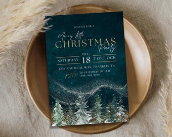 May include: A dark teal Christmas party invitation with gold lettering and a watercolor illustration of evergreen trees. The invitation includes the text "Merry Little Christmas Party" and event details.