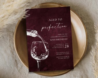 Redigerbar mall för födelsedagsinbjudan med åldrat vin till perfektion, direktnedladdning, åldras som fint vin, elegant tema för vuxen vingårdsmiddag