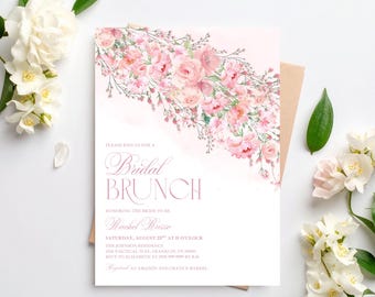 Pink Floral Bridal Brunch Invitation Template, Instant Download, Editable Elegant Wildflower Bridal Shower Invite, Brunch with the Bride