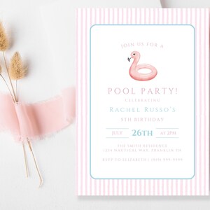 May include: A pool party invitation with a pink and white striped background. The invitation features a pink flamingo float illustration and text that reads "Join us for a Pool Party!" and details for Rachel Russo's 5th birthday.