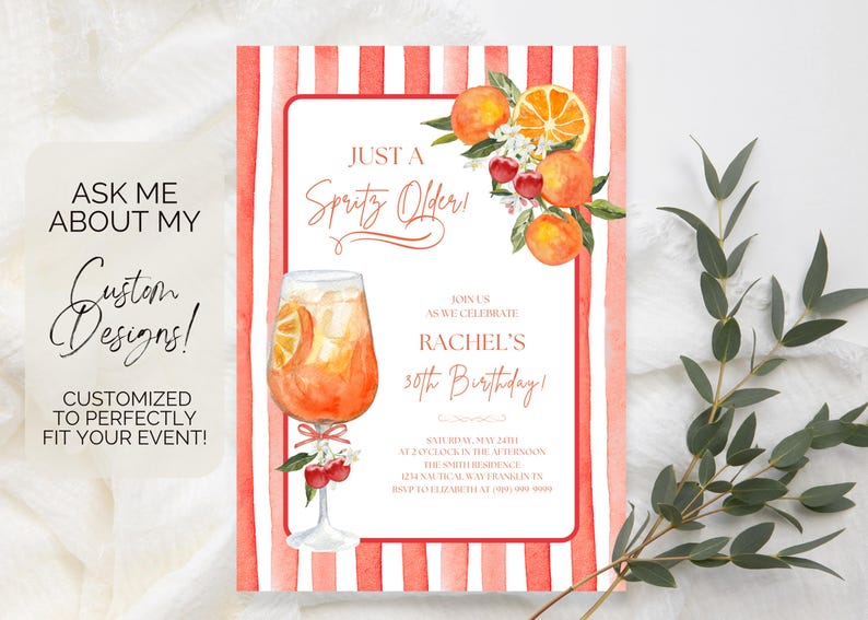 Just a Spritz äldre cocktailfödelsedagsfestinbjudningsmall, direktnedladdning, redigerbar Aperol Spritz italienskt tema vuxenfestinbjudan bild 9