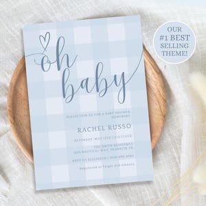 Modello di invito per baby shower a quadretti blu, invito per baby shower "Oh Baby", invito per baby shower per maschietto, invito stampabile blu, download immediato