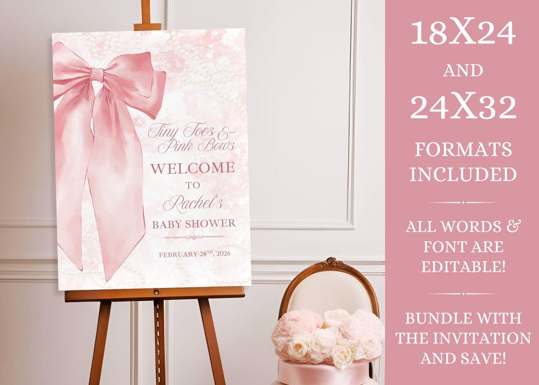 Elegant Pink Bow Girl Baby Shower Welcome Sign Template, Instant ...