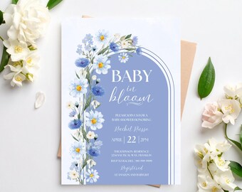 Invitation pour une fête prénatale sur le thème « Bébé en fleurs », motif floral bleu (modèle modifiable, téléchargement instantané)