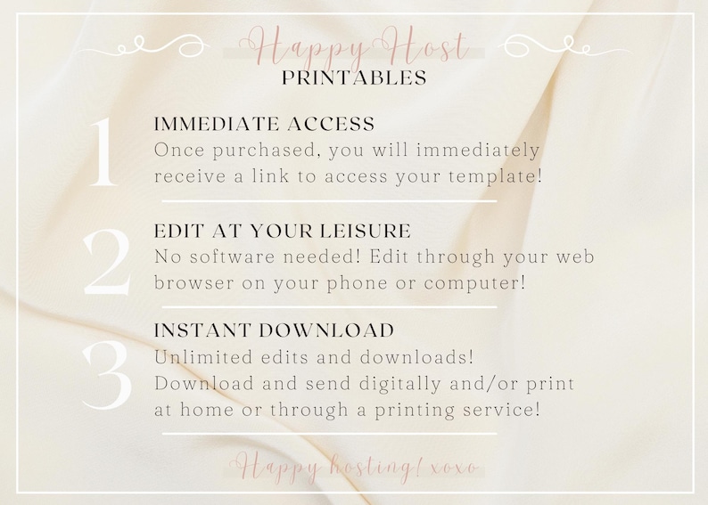 Puede incluir: Un fondo blanco con un texto rosa superpuesto que dice "Happy Host PRINTABLES". La imagen enumera tres beneficios de comprar un imprimible: acceso inmediato, edici&oacute;n a su gusto y descarga instant&aacute;nea. El texto est&aacute; numerado 1, 2 y 3.