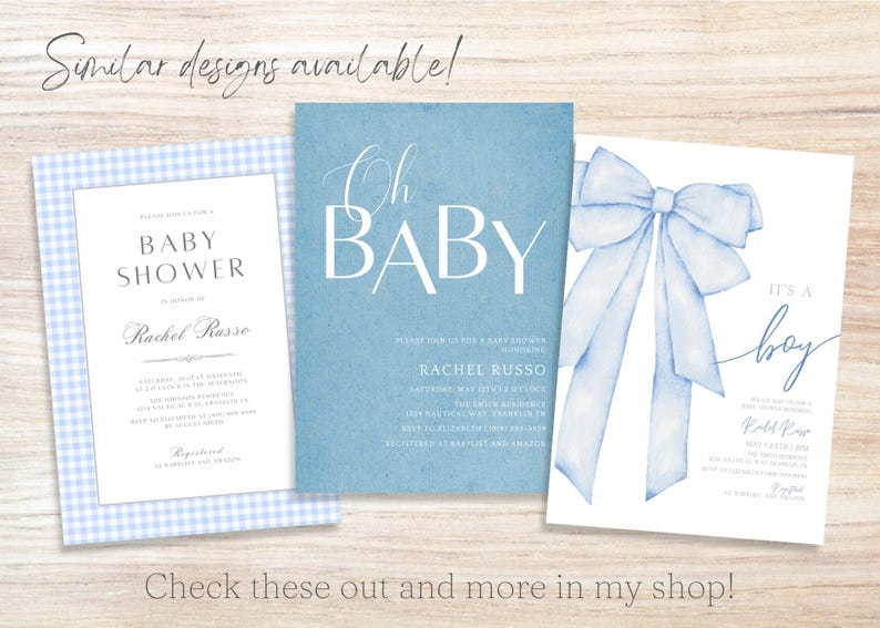 Puede incluir: Tres dise&ntilde;os de invitaci&oacute;n para baby shower. El primer dise&ntilde;o presenta un patr&oacute;n de cuadros azules y blancos. El segundo dise&ntilde;o tiene un fondo azul acuarela con el texto "Oh Baby" en blanco. El tercer dise&ntilde;o presenta un lazo azul acuarela con el texto "Es un ni&ntilde;o" en negro.