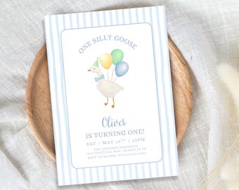 One Silly Goose Birthday Party Invitation Template, Instant Download Editable Template, Printable Blue First Birthday Invite, Gender Neutral