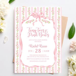 Plantilla de invitación para baby shower "Tiny Toes and Pink Bows", descarga instantánea, invitación editable para niña con elegante diseño de rosas y temática de té coqueta.