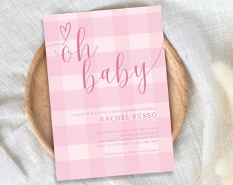 Pink Gingham Baby Shower Invitation Template, Instant Download, Printable Minimalist Oh Baby Girl Shower Invite, Digital Classic Pink Invite