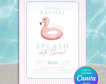 Flamingo Floatie Birthday Invitation Template, Pastel Pool Party Invite (Instant Download)