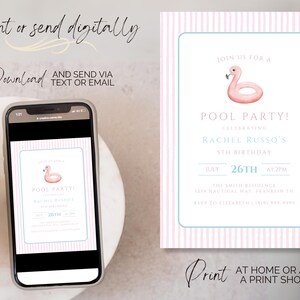 May include: A pool party invitation with a pink flamingo float illustration. The invitation features a pink and white striped background, with text that reads "Pool Party!" and details for Rachel Russo's 5th birthday.