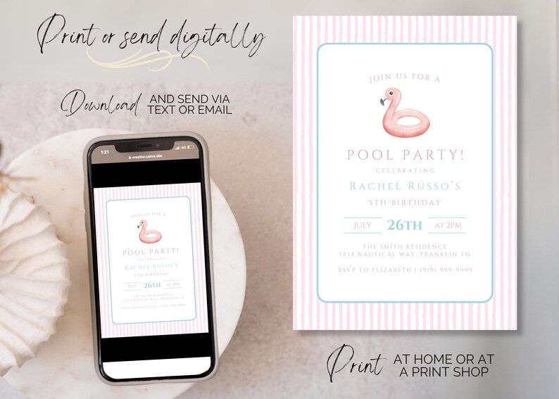 May include: A pool party invitation with a pink flamingo float illustration. The invitation features a pink and white striped background, with text that reads "Pool Party!" and details for Rachel Russo's 5th birthday.