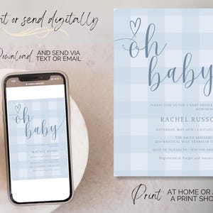 Plantilla de invitación para baby shower de cuadros azules, invitación para baby shower de niño, invitación imprimible en azul, descarga instantánea imagen 4