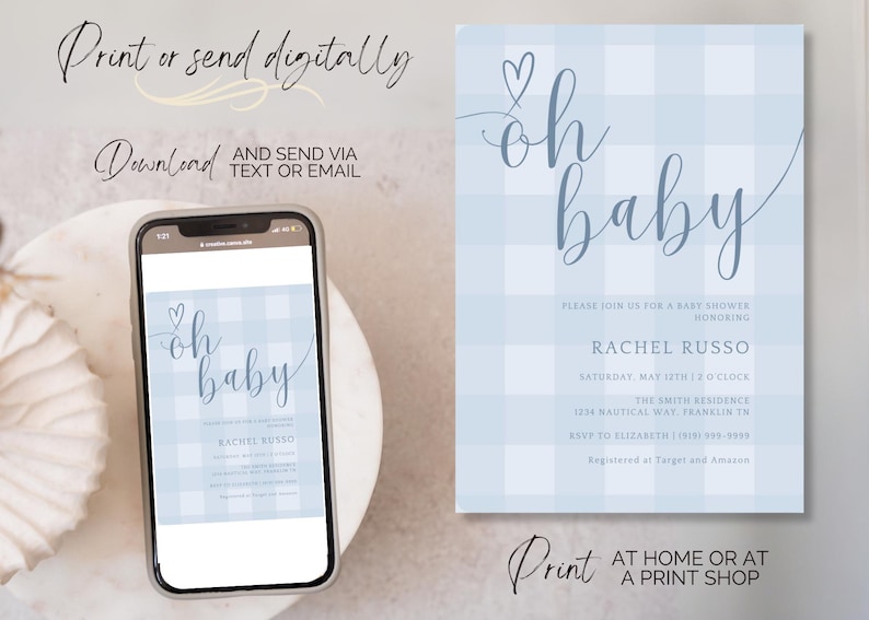 Plantilla de invitación para baby shower de cuadros azules, invitación para baby shower de niño, invitación imprimible en azul, descarga instantánea imagen 4