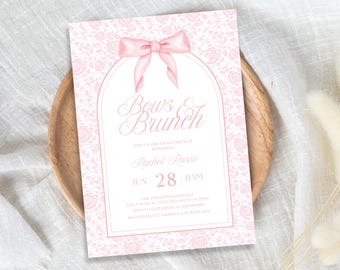 Vintage roze strik babybrunch uitnodiging sjabloon, instant download, bloemen toile meisje babyshower, elegante coquette Rose Bow digitale uitnodiging