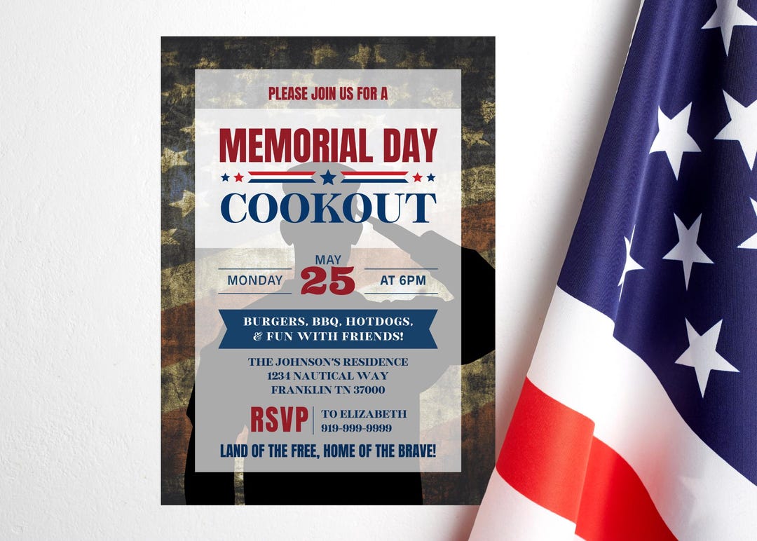 Classic Memorial Day Party Invitation Template, USA BBQ Cookout ...