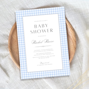 Klassische Gingham-Babyparty-Einladung Vorlage, Minimalistische Baby Blue Boy-Baby-Dusche einladen, Blaue Karo druckbare einladen, Sofort Download