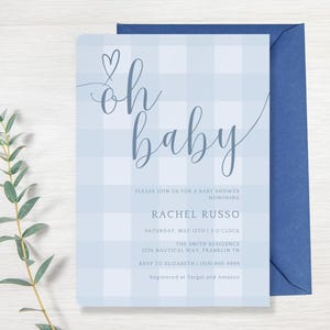 Plantilla de invitación para baby shower de cuadros azules, invitación para baby shower de niño, invitación imprimible en azul, descarga instantánea imagen 13