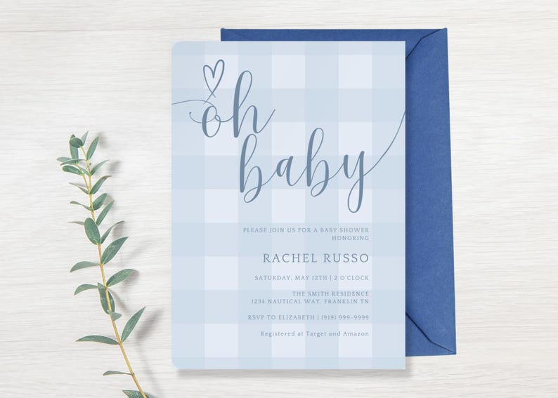 Plantilla de invitación para baby shower de cuadros azules, invitación para baby shower de niño, invitación imprimible en azul, descarga instantánea imagen 13