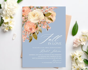 Fall in Love Floral Bridal Shower Invitation Template, Instant Download, Digital Blue Boho Bridal Brunch Invite, Autumn Wedding Shower