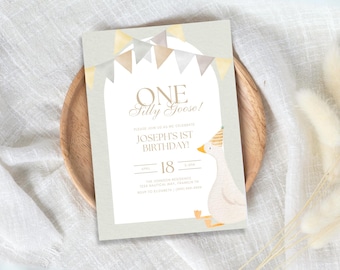 One Silly Goose Boho Birthday Party Invitation Template, Instant Download, Editable Vintage Goose Neutral First Birthday Invite, Printable
