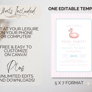 May include: A pink and white striped invitation template with a flamingo float illustration. The invitation reads "Pool Party!" and includes details for Rachel Russo's 5th birthday. The template is 5 x 7 inches and editable.