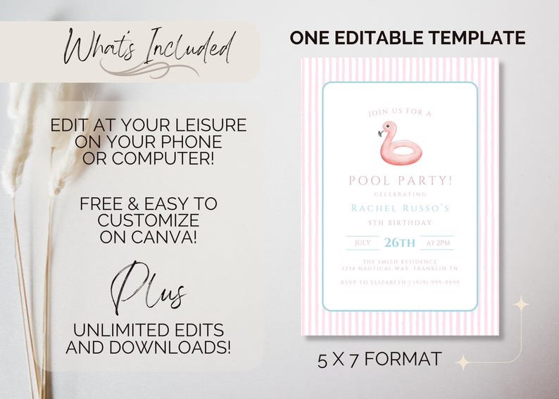 May include: A pink and white striped invitation template with a flamingo float illustration. The invitation reads "Pool Party!" and includes details for Rachel Russo's 5th birthday. The template is 5 x 7 inches and editable.