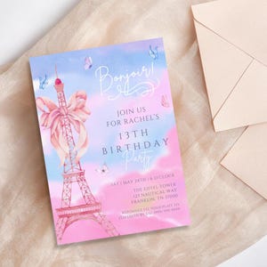Pink Bow Paris Coquette Birthday Party Invitation Template, Eiffel Tower Girly Printable Invite, Instant Download, 13th Birthday Sleepover