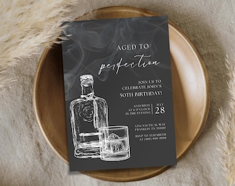 Mall för födelsedagsinbjudan till perfektion, lagrad whisky, direktnedladdning, redigerbar födelsedagsinbjudan för män, bourbon, gammaldags festtema