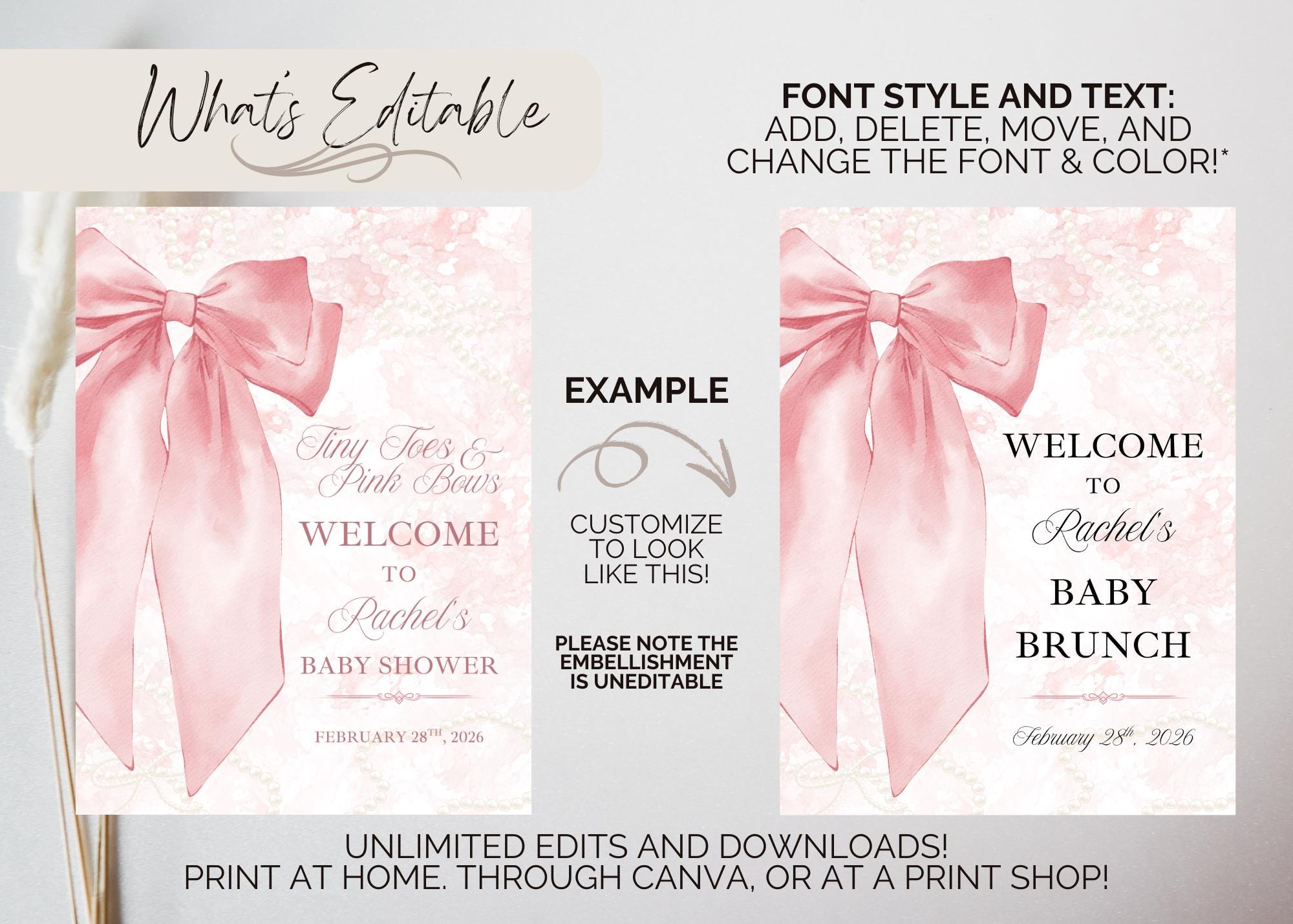 Elegant Pink Bow Girl Baby Shower Welcome Sign Template, Instant ...