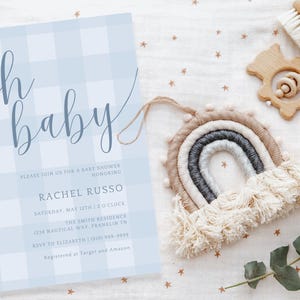 Plantilla de invitación para baby shower de cuadros azules, invitación para baby shower de niño, invitación imprimible en azul, descarga instantánea imagen 14