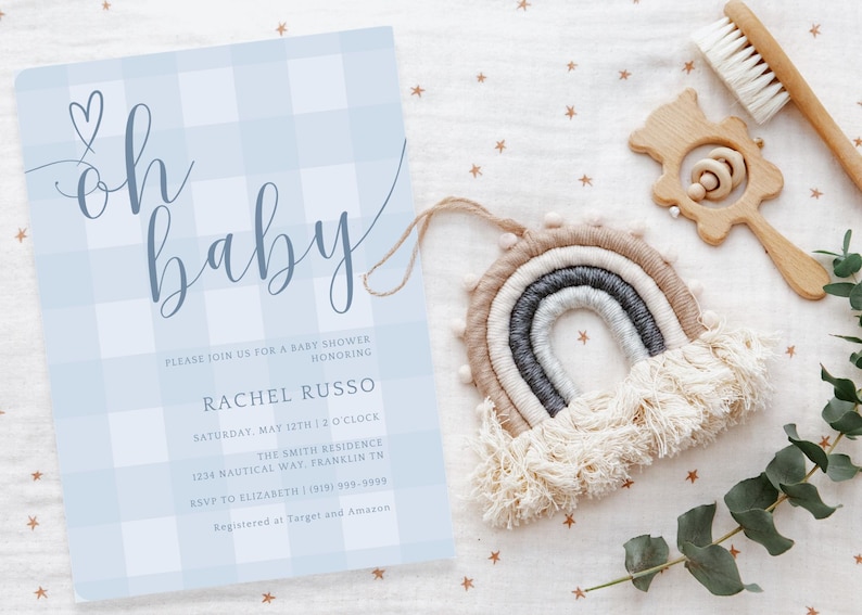 Plantilla de invitación para baby shower de cuadros azules, invitación para baby shower de niño, invitación imprimible en azul, descarga instantánea imagen 14