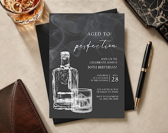 Aged to Perfection Whiskey Birthday Invitation, Bourbon Party Invite, (Editable Canva Template)