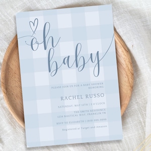 Blau Gingham-Baby-Dusche Einladung Vorlage, Oh-Baby-Dusche Einladung, Boy-Baby-Dusche Einladung, blau printable einladen, sofort Download