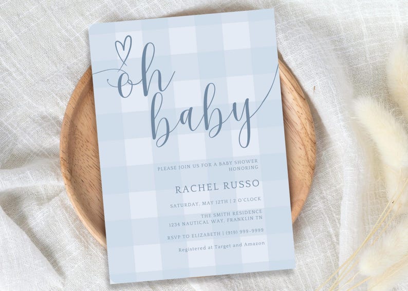 Plantilla de invitación para baby shower de cuadros azules, invitación para baby shower de niño, invitación imprimible en azul, descarga instantánea imagen 2