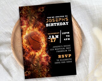 Puede incluir: Una invitación de cumpleaños negra con temática de baloncesto y un gráfico de baloncesto en llamas. La invitación incluye el texto "YOU'RE INVITED TO JOSEPH'S BIRTHDAY" y detalles del evento: Sábado 17 de enero, 12PM a 4PM, RSVP a Elizabeth.