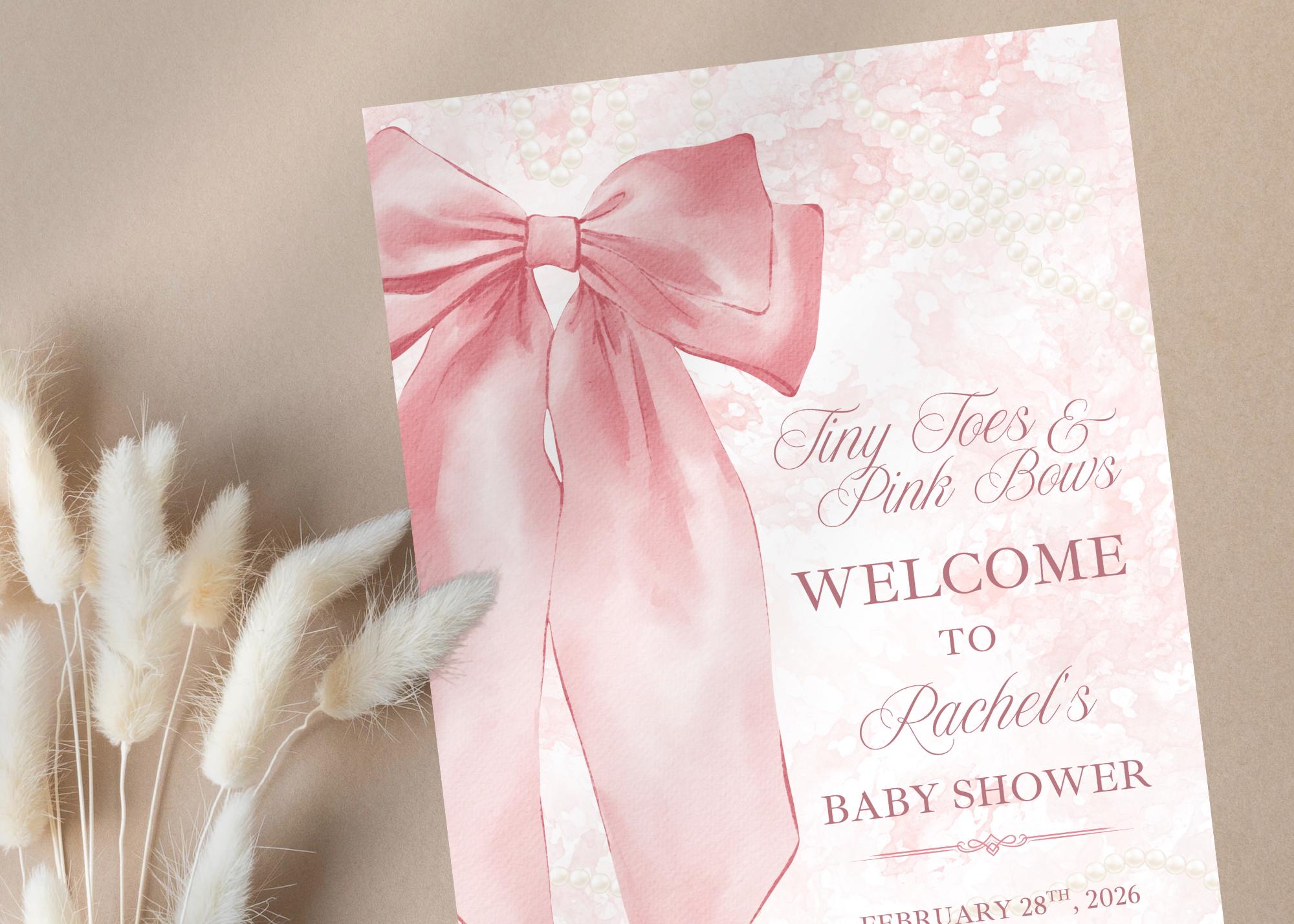 Elegant Pink Bow Girl Baby Shower Welcome Sign Template, Instant ...