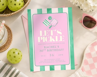 Let's Pickle Birthday Invitation, Preppy Pink Pickleball Party (Editable Canva Template)
