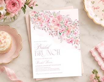 Pink Floral Bridal Shower Invitation, Bridal Brunch (Editable Canva Template)