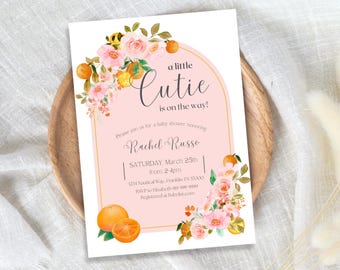 A Little Cutie Baby Shower Invitation Template, Instant Download, Editable Invite, Citrus Baby Shower, Pink Floral Baby Girl Digital Invite