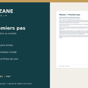 May include: A dark teal digital document cover titled MIZANE BY OUAKKA | FR Premiers pas De la pièce au contrôle. It lists 10 leçons écrites, Cas pratique corrigé, Quiz et fiches de suivi, 17 PAGES / PDF. A white page preview is shown on the right.