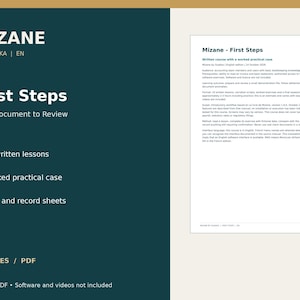 Puede incluir: Un documento digital titulado Mizane First Steps From Document to Review, con fondo verde azulado oscuro y texto blanco. Enumera 10 lecciones escritas, un caso práctico y hojas de cuestionarios y registros en un formato PDF de 17 páginas.