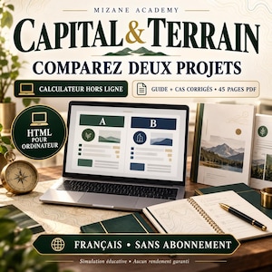 May include: A laptop displaying a comparison of two projects labeled A and B, accompanied by a compass, a spiral notebook with a pen, and a printed guide titled Capital & Terrain. The text includes Mizane Academy, Comparez Deux Projets, and Guide + Cas Corrigés.