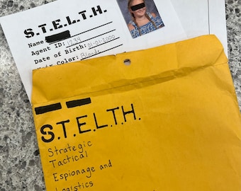 May include: A yellow envelope with the text "S.T.E.L.T.H." written in black marker. The envelope has the words "Strategic Tactical Espionage and Logistics Task force Headquarters" written on it. The envelope also has the word "SECRET" written on it in red marker.