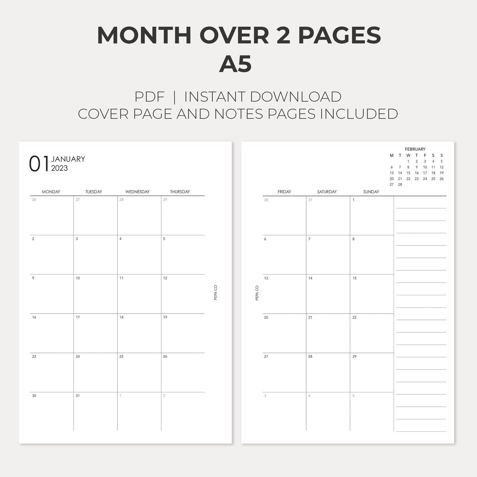 PRINTABLE A5 Dated Planner Month on 2 Pages 2023, Printable Monthly A5, Printable Monthly Insert ...